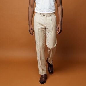 Mantoni Super 140s wool dress pant trousers in a beige/tan flat front